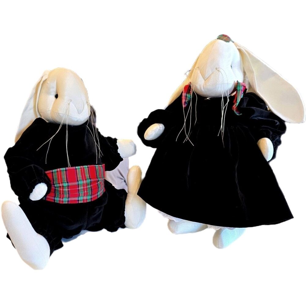 Vtg 1989 Primitive Bunny‎ Couple Set PK Handmade Velvet 17" Heavy Plush